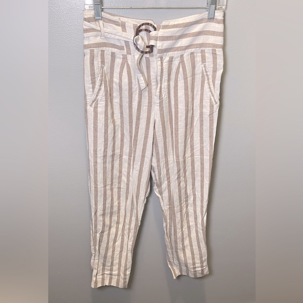 Anthropologie Women's Oasis Linen White Tan Striped High Rise Pants Size 2